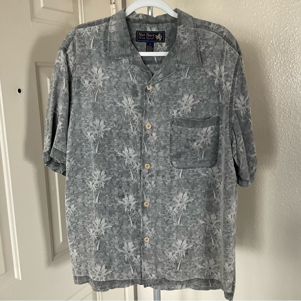 Vintage Nat Nast 100% Silk Palm Tree Embroidered Hawaiian Shirt